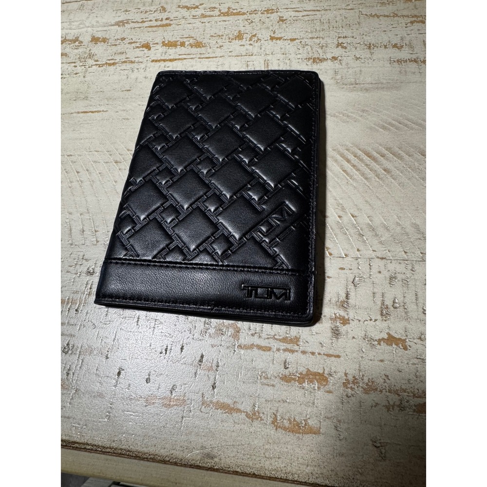 Tumi Black Leather Passport Cover Embossed Geometric Basketweave Travel Wallet
